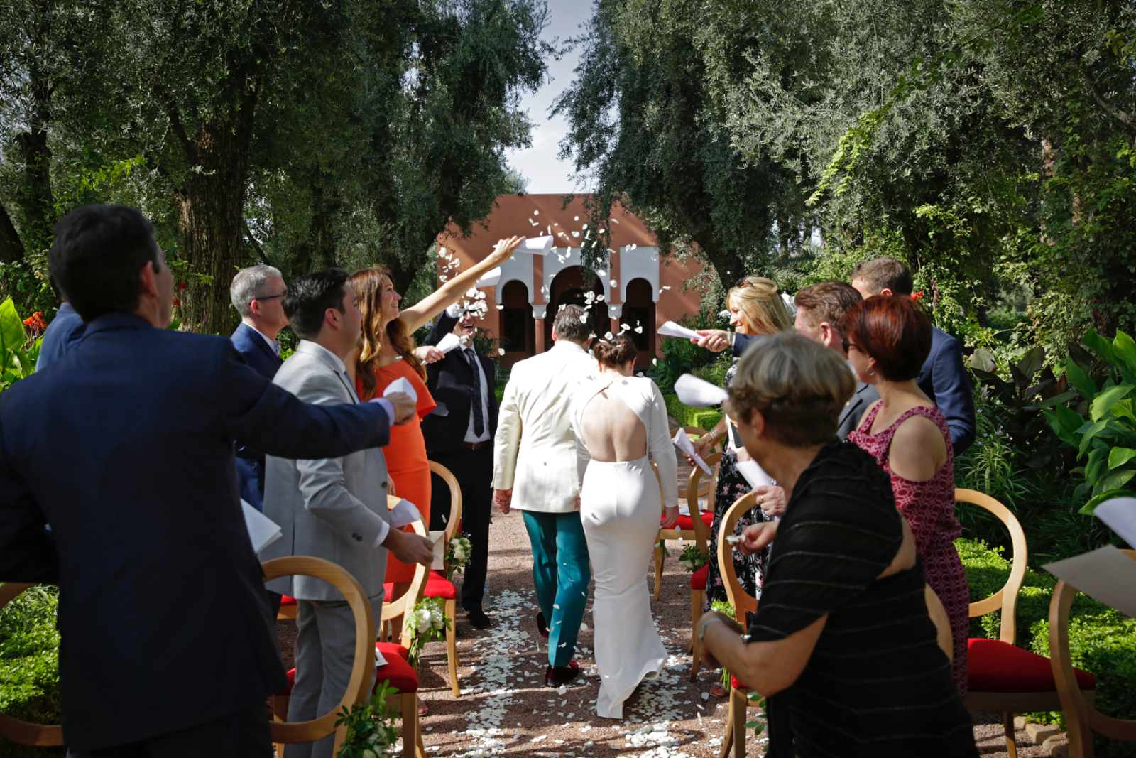 A long wedding table surrounded by greenery in a glasshouse